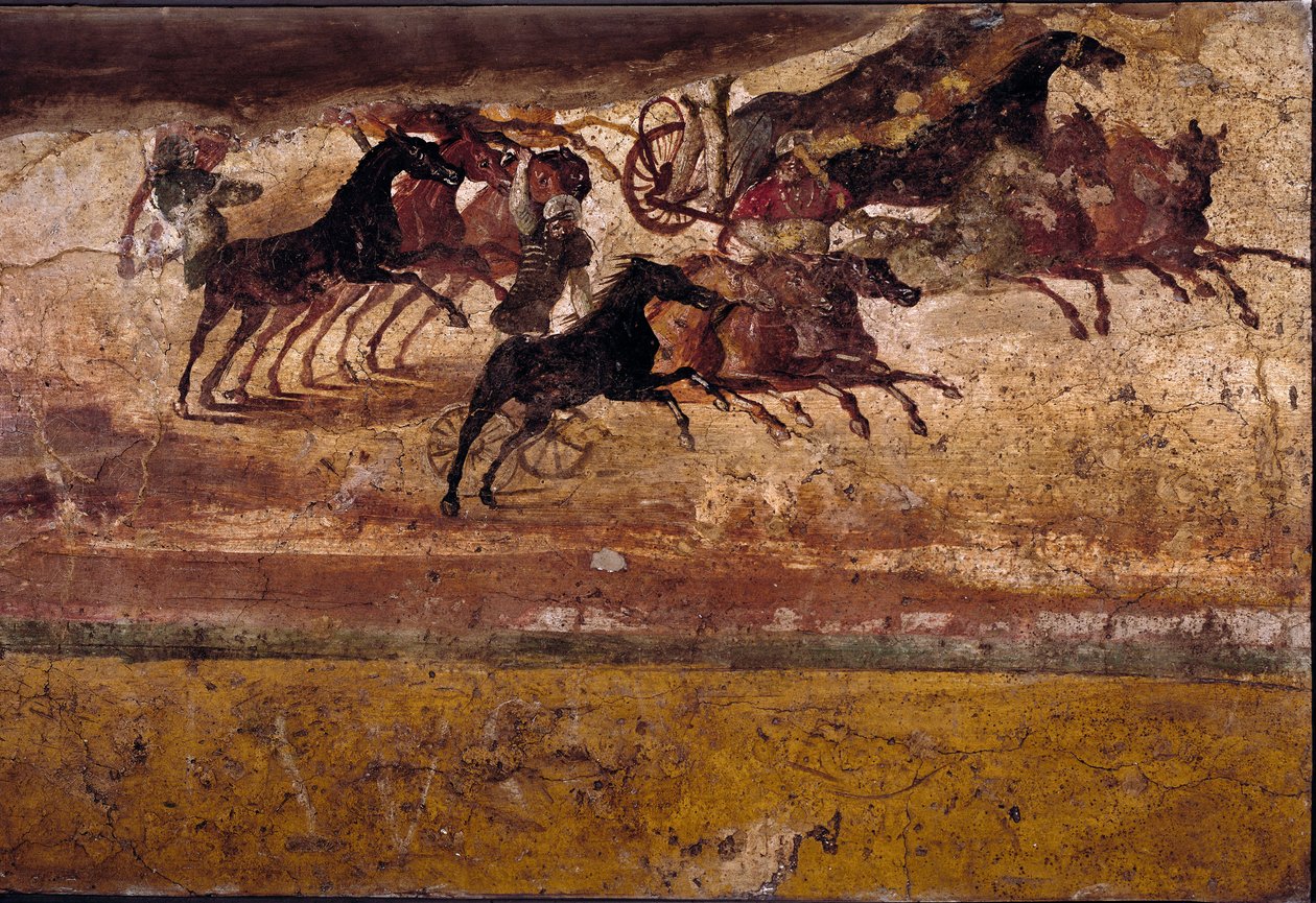 Arte romano: carrera de cuadrigas. Fresco de la villa de la cuadriga. 4to estilo, Pompeya. Nápoles, Museo Arqueológico Nacional de Roman