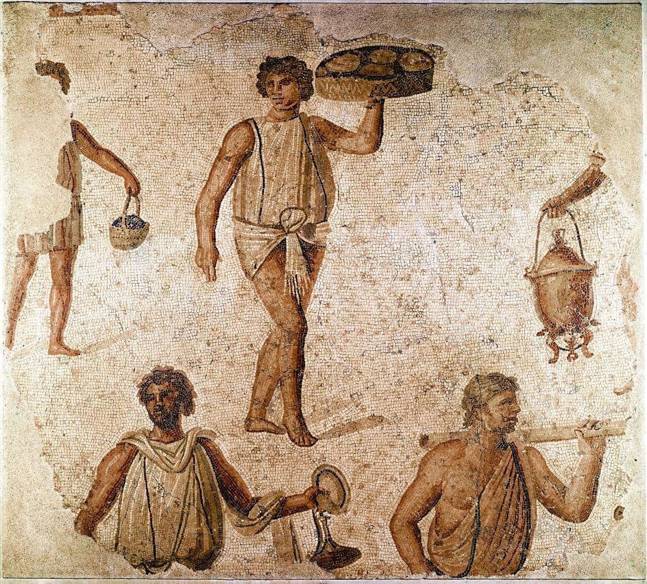 Arte Romano: sirvientes en un banquete. Fragmento de mosaico de Cartago, Túnez. 180-190 d.C. París, Museo del Louvre de Roman