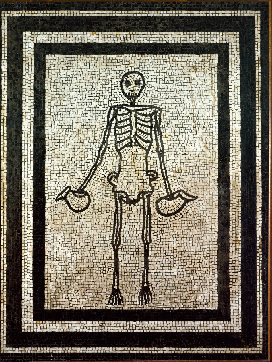 Arte romano: esqueleto sosteniendo dos jarras. Mosaico del siglo I de Roman