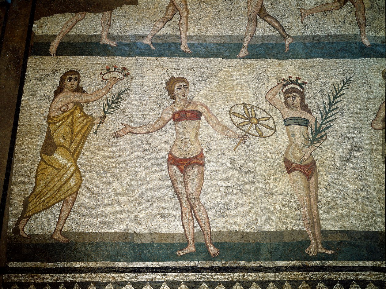 Arte romano: jóvenes romanos realizando ejercicios físicos. Detalle de mosaico 315-350 d.C. Piazza Armerina, Villa Romana de Roman