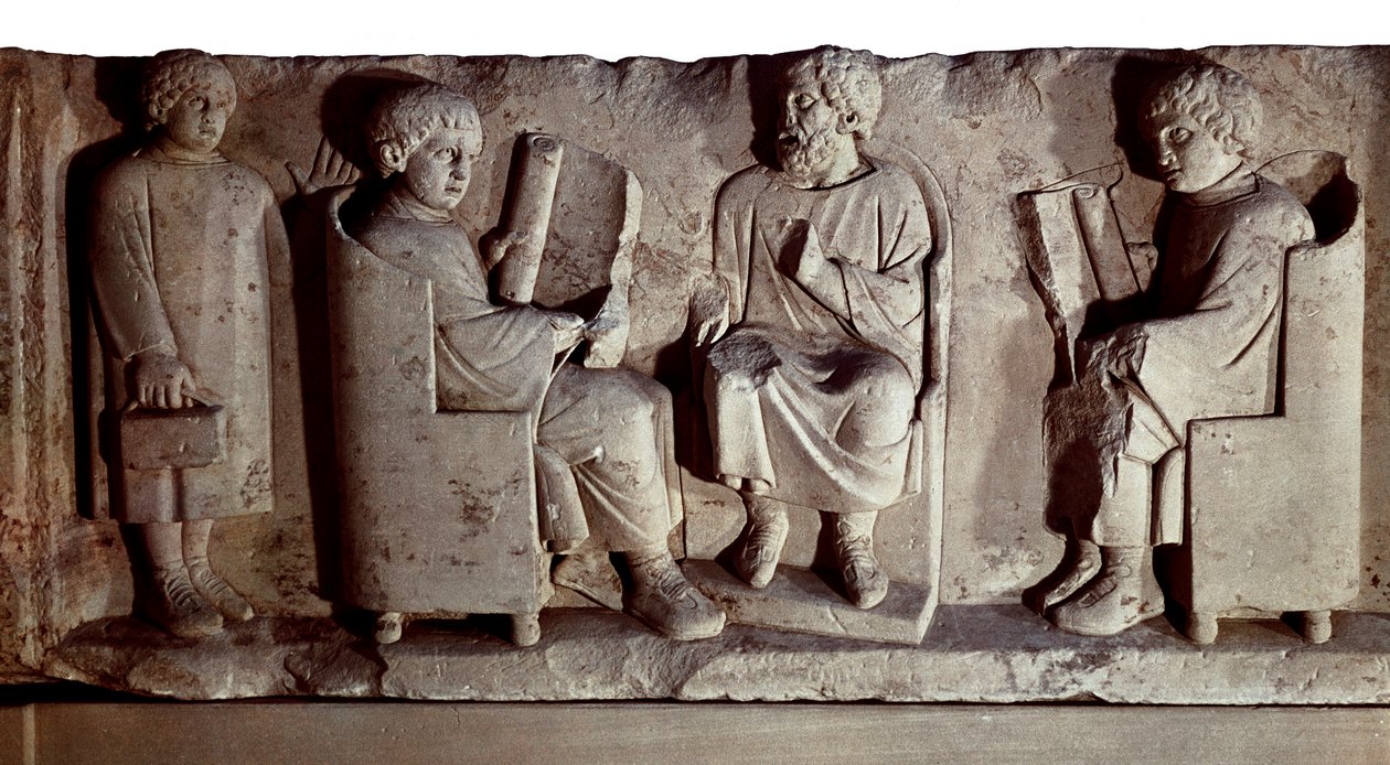 Civilización romana. Relieve que representa una escena escolar. Trier, ciudad en Alemania a orillas del Mosela, conquistada por los romanos en el último siglo I a.C. y renombrada Trevorum de Roman