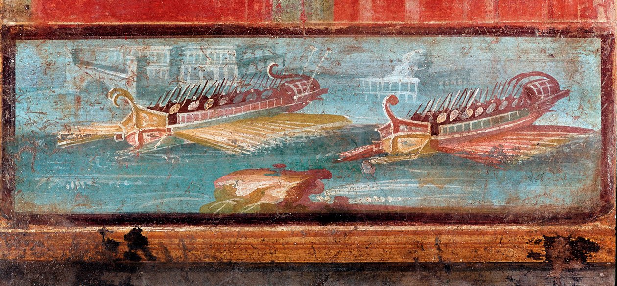 Barcos de guerra romanos en la entrada de un puerto (fresco) de Roman