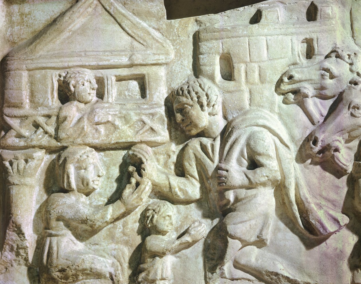 Escena de caza de ciervos con redes, escarceo romano, siglo IV (relieve) de Roman