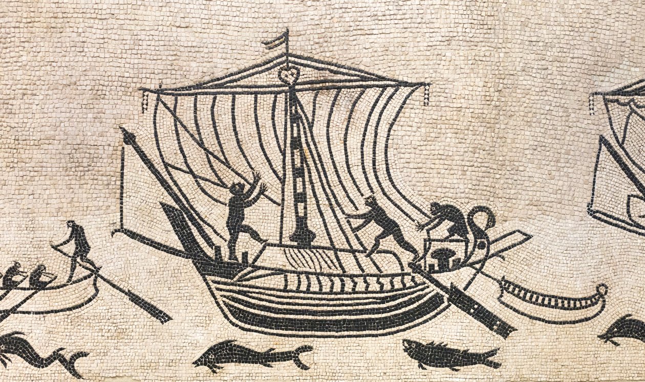 Barco acercándose a un puerto, detalle de un mosaico, siglo II d.C. de Roman