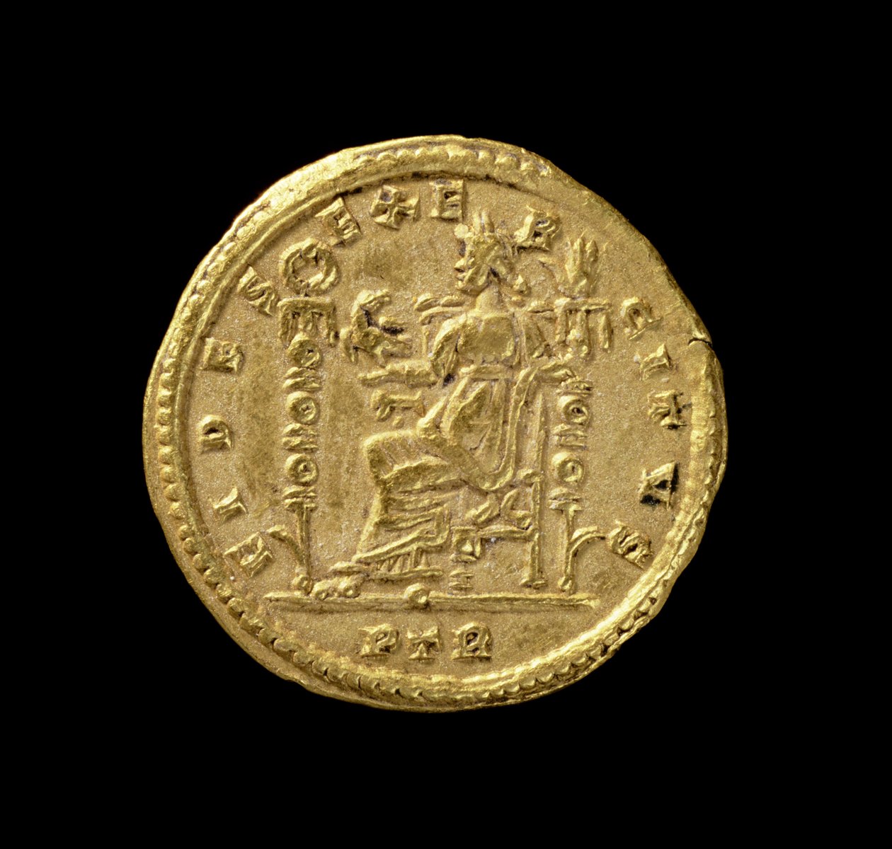Sólido (reverso) de Constantino I, el Grande (306-337 d.C.) representando a Fides sentada a la izquierda en el trono. Inscripción: FIDES EXERCITVS de Roman