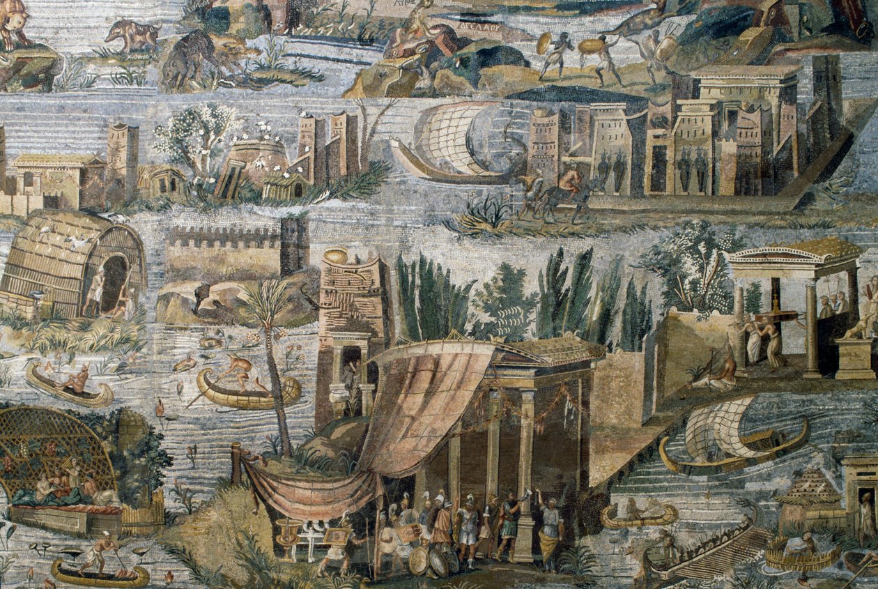 Templos a lo largo del río Nilo, detalle del mosaico nilótico de la inundación del río Nilo en Egipto, del Santuario de Fortuna Primigenia en Palestrina, Lacio, Italia, civilización romana de Roman