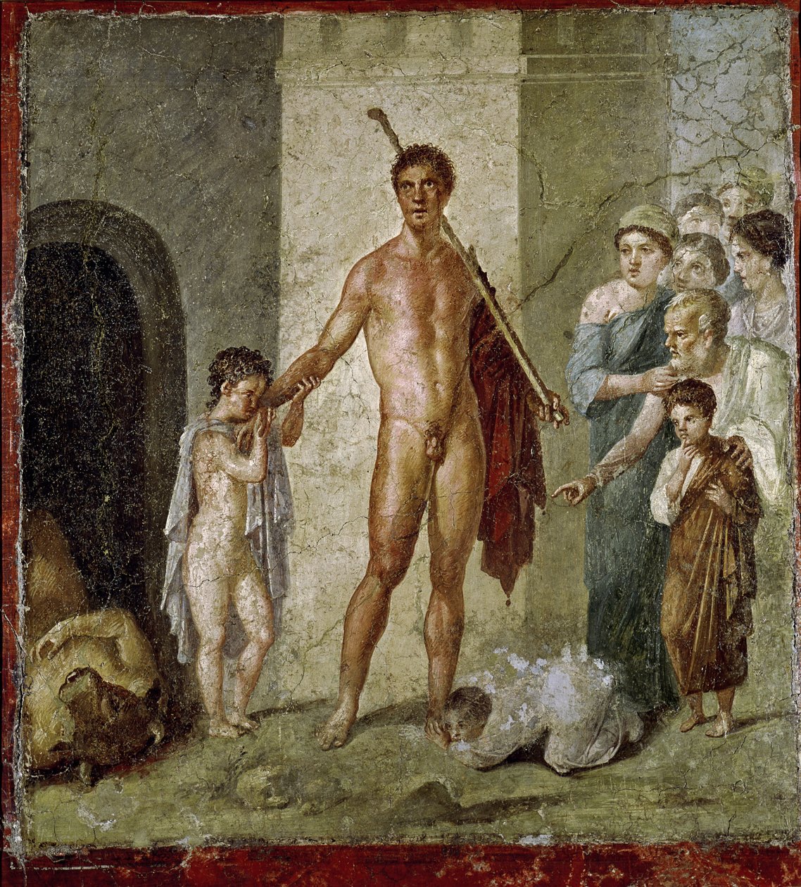 Teseo liberando a los niños del Minotauro, de la Casa de Gavius Rufus, Pompeya, estilo pompeyano 4, c.50-79 d.C. de Roman