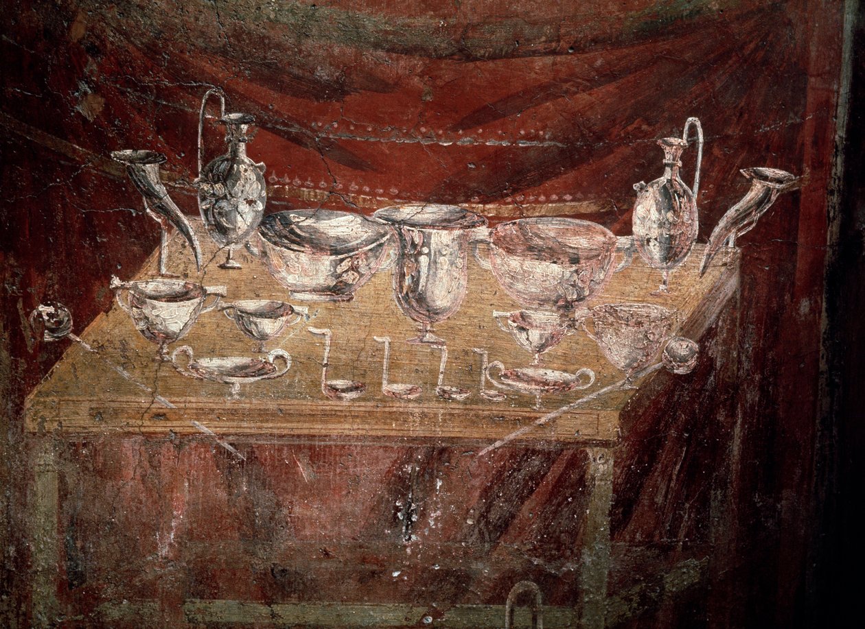 Vista de una mesa cubierta con platos de plata (fresco) de Roman