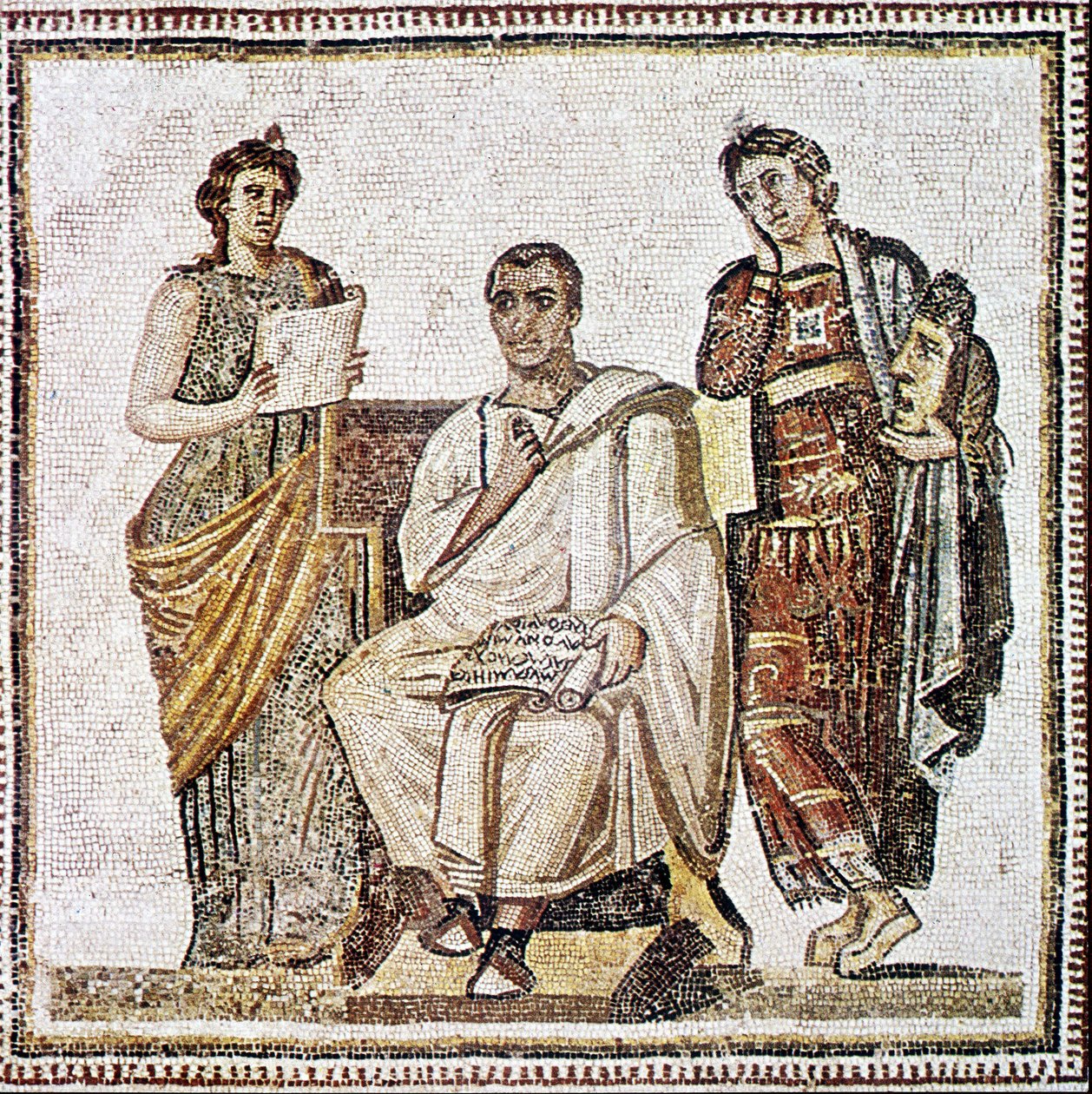 Virgilio escribiendo la Eneida bajo la mirada de las musas Clío y Melpómene - Mosaico del siglo IV d.C. de Susa en Túnez de Roman