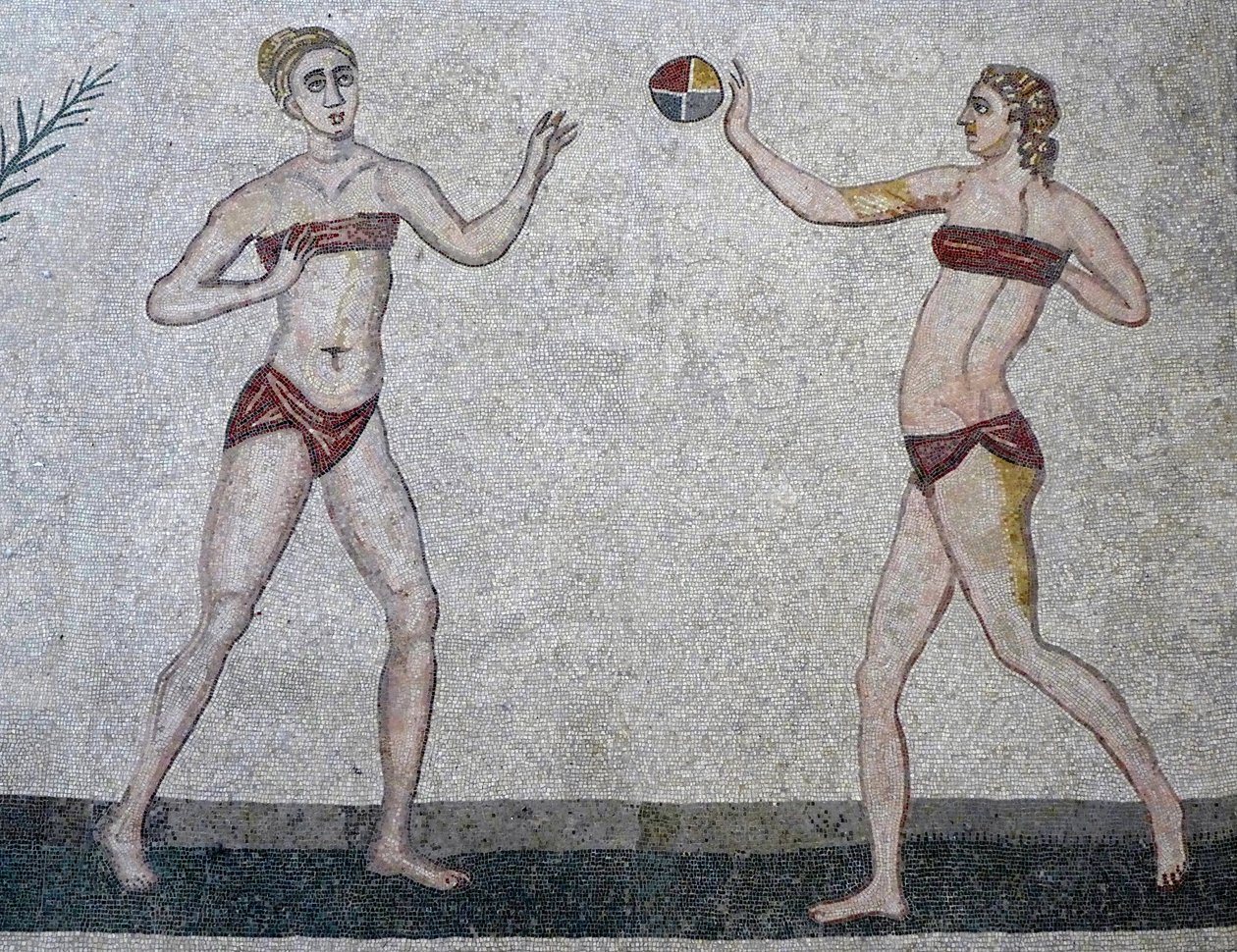 Joven en bikini, Villa Romana del Casale, Sicilia, 315-350 d.C. (mosaico) de Roman