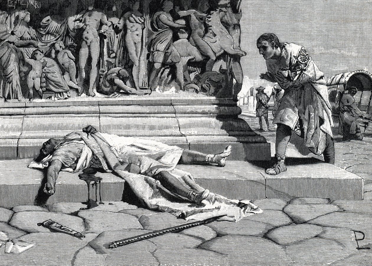 cadáver de Publio Clodio Pulcher (92-52 a.C.) hallado en la vía Apia de Roma (grabado) de Roman