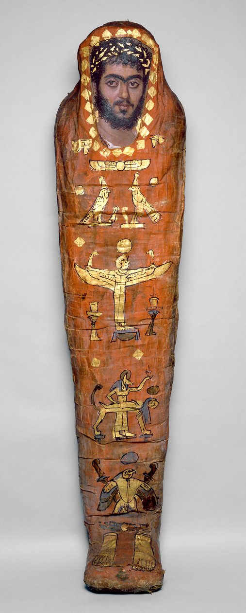 Momia de un hombre joven, con retrato a la encáustica, de El-Hibeh (restos humanos envueltos en lino con panel de madera pintada) de Roman Period Egyptian