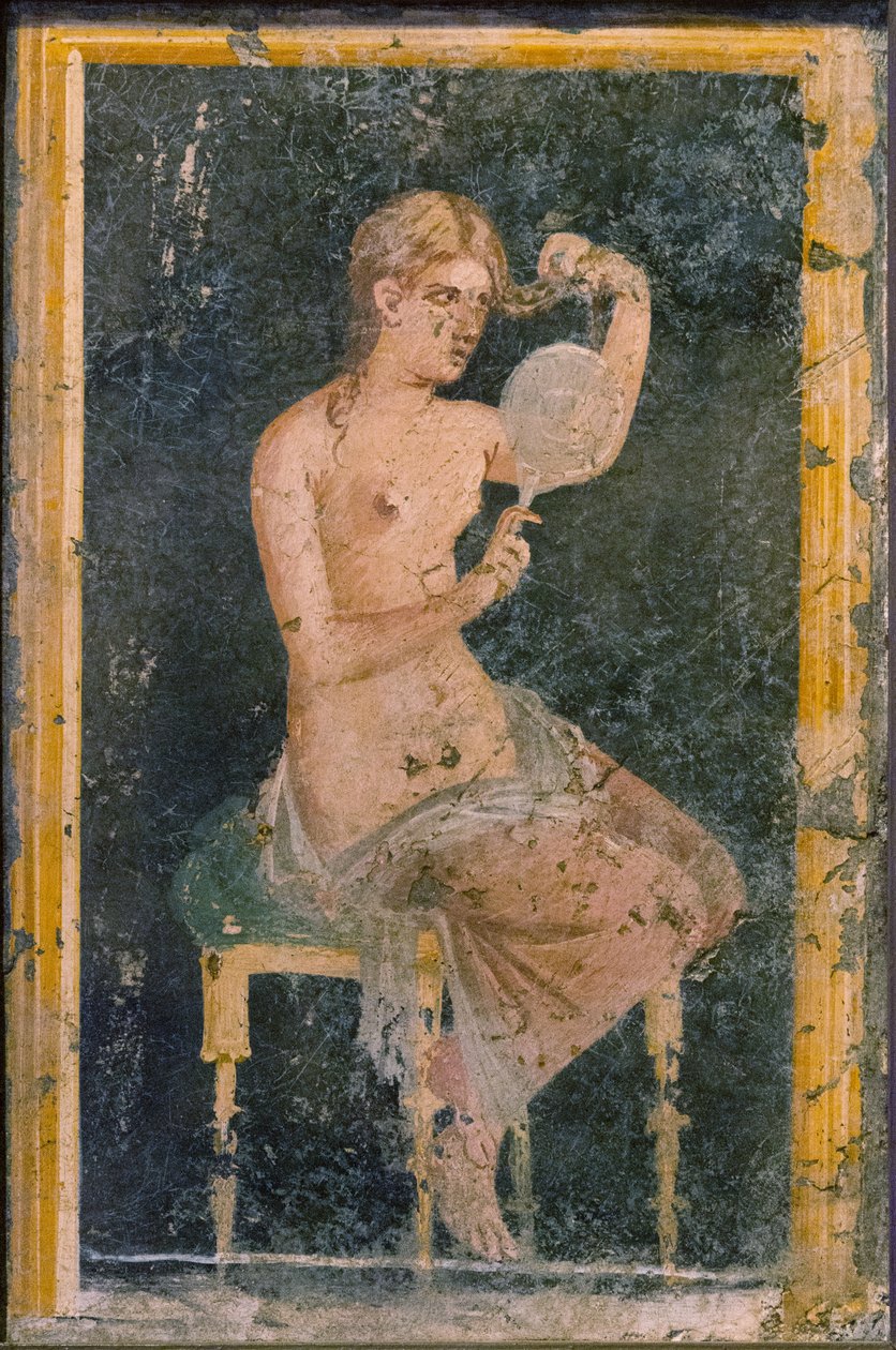 Mujer con un espejo, 1ra mitad del siglo I d.C. de Roman Pompeian wall painting.