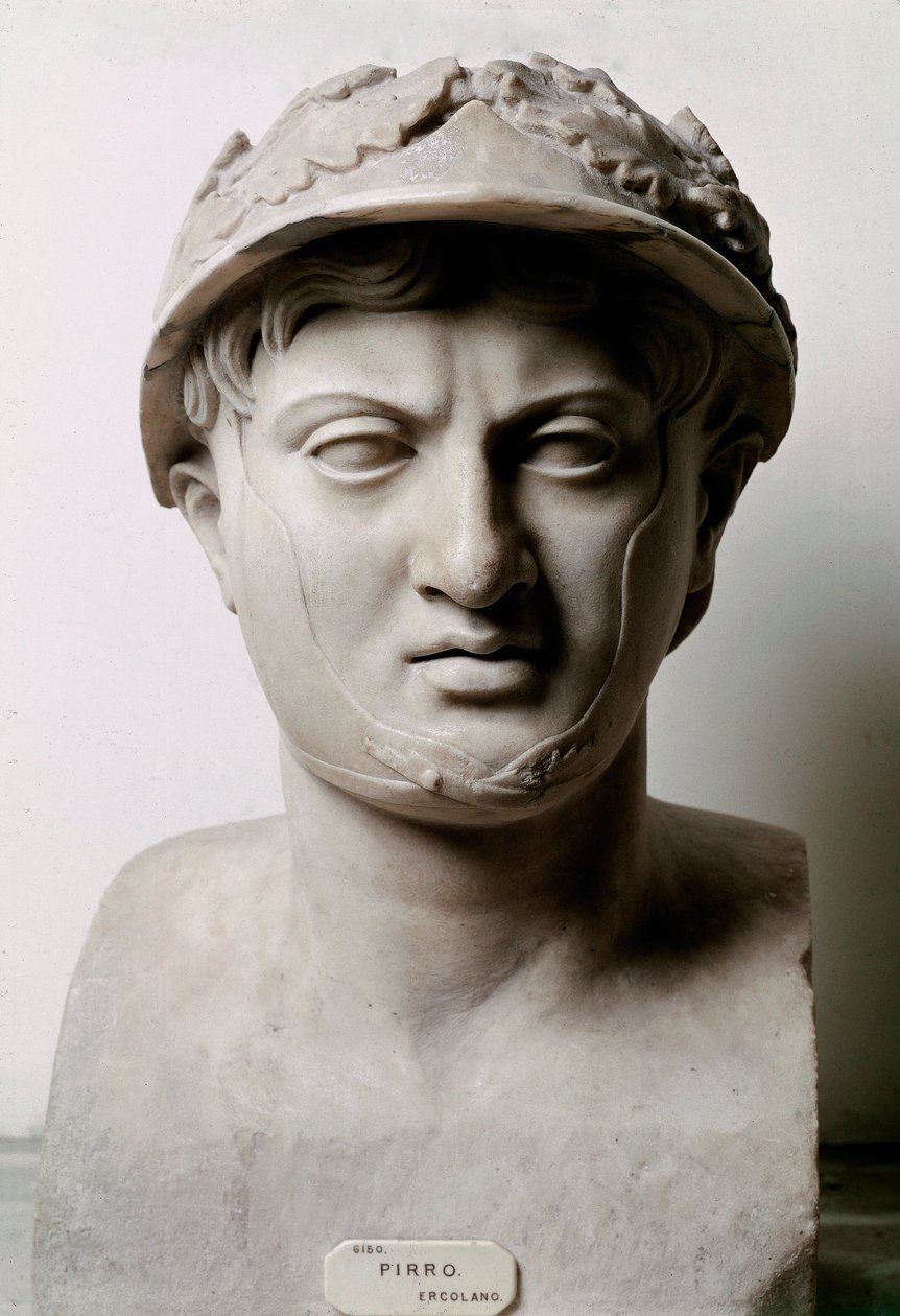 Busto de Pirro I (o Pirro) Rey de Epiro de 306 a 272 a.C. De Ercolano (Herculano). De un original de 290 a.C. Nápoles, Museo Archeologico Nazionale - Busto de Pirro de Epiro (319-272 a.C.). Copia romana después del original c.290 a.C. Mármol, de Ercolano de Roman Roman