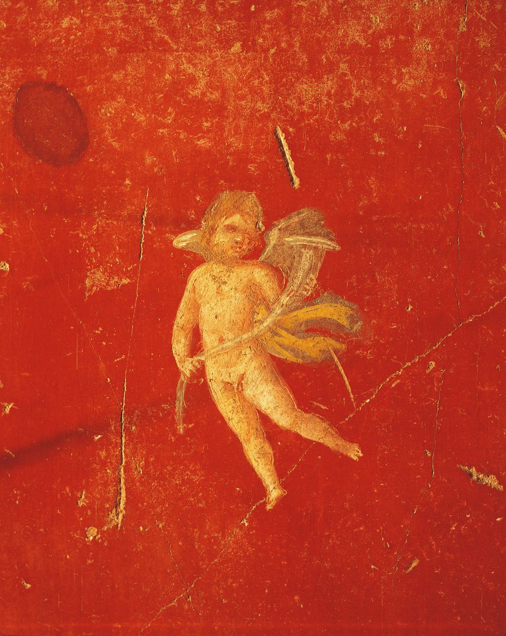 Querubín en fondo rojo pompeyano, fresco en Cuarto Estilo Pompeyano, de la Casa de Pinario Ceriale, Pompeya , Campania, Civilización Romana de Roman Roman