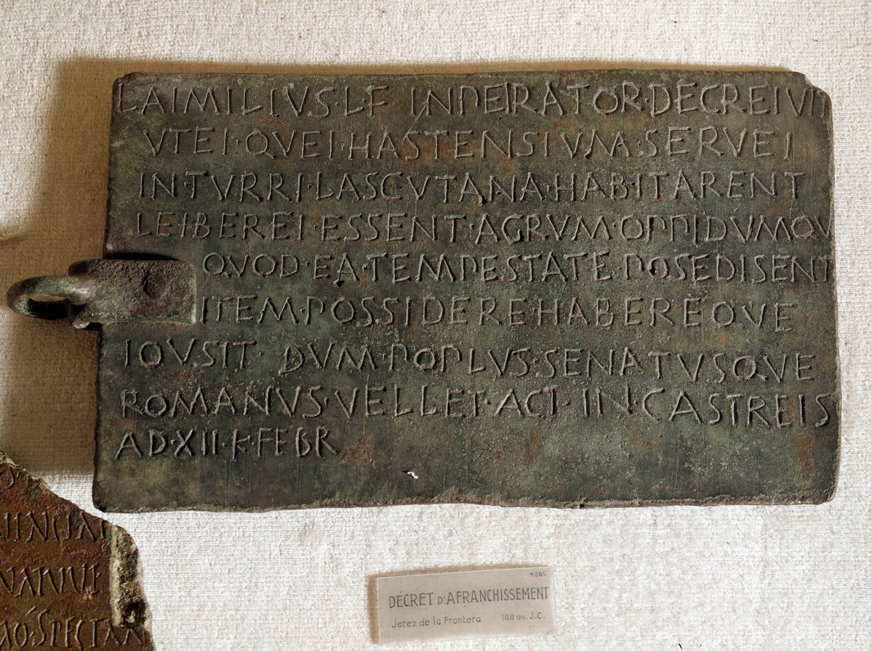 Decreto de franqueo en latín sobre placa de bronce: fue promulgado el 21 de enero de Roman Roman