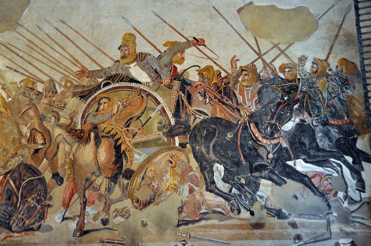 Detalle de un mosaico de Pompeya: Batalla de Issos entre Alejandro y Darío (siglo IV a.C.). - El rey Darío III Codomán (380-330 a.C.), desemparejado en su carro - opus vermiculatum - Museo Arqueológico de Nápoles, Italia - Museo Archeologico Nazionale, Nap de Roman Roman