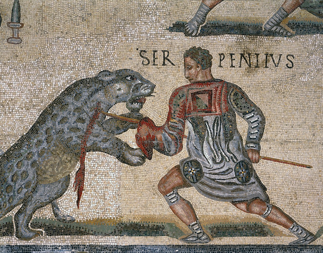 Detalle de un mosaico de una pelea de gladiadores, originalmente de Torre Nuova de Roman Roman