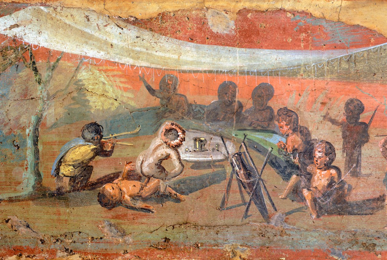 Detalle de una pintura que representa una escena en yeso a orillas del Nilo con pigmeos, 56x217 cm, de Pompeya, Patrimonio Mundial de la UNESCO de Roman Roman