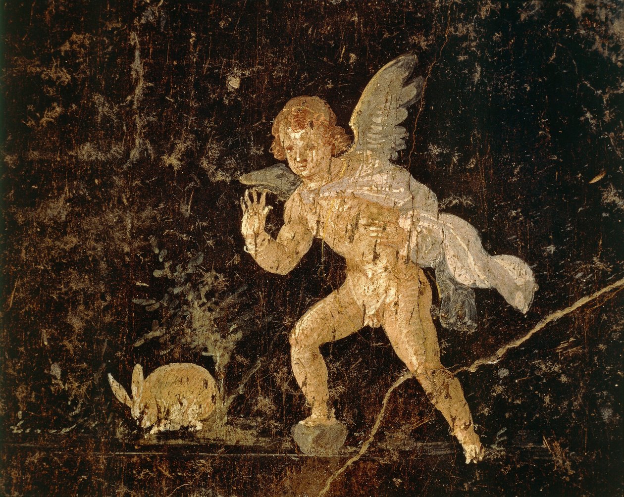 Fresco que representa a Cupido cazando una liebre de Pompeya, provincia de Nápoles, Italia, civilización romana de Roman Roman