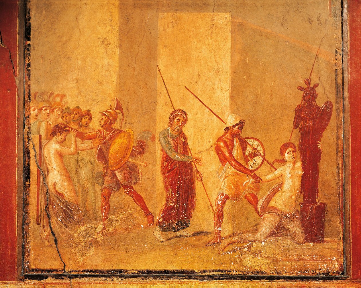 Fresco que representa el encuentro entre Príamo, Menelao y Helena en el Palacio Real, Pompeya , Campania, Civilización romana de Roman Roman