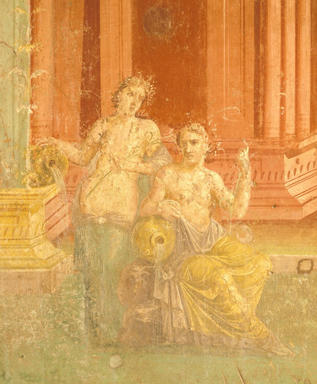 Fresco en cuarto estilo pompeyano sobre fondo rojo, Casa de Pinario Ceriale, Pompeya , Campania, Civilización romana de Roman Roman