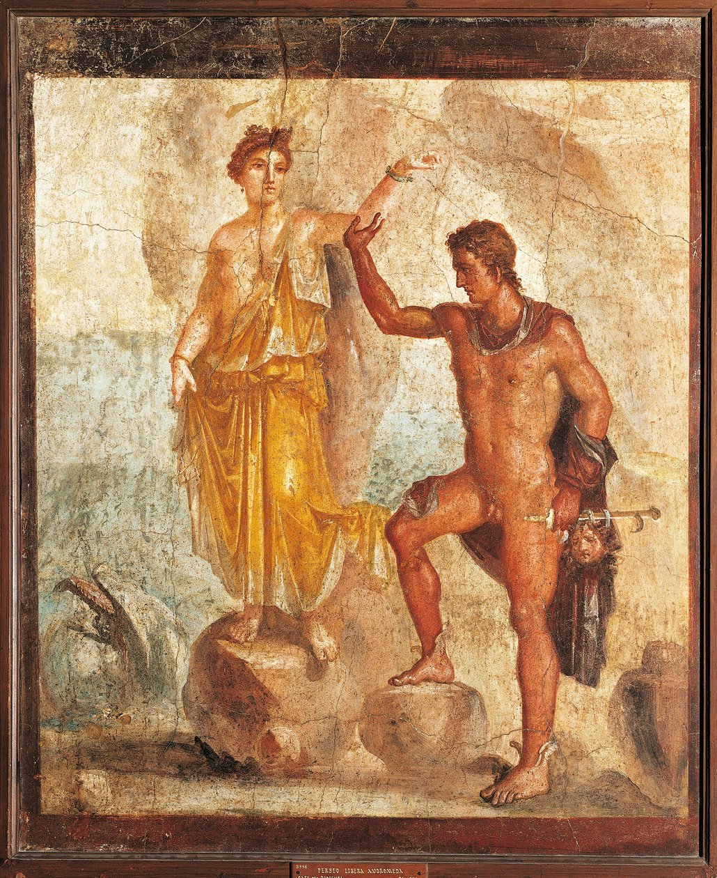 Italia, Campania, Pompeya, Perseo liberando a Andrómeda de la Casa de los Cinco Esqueletos, fresco de Roman Roman