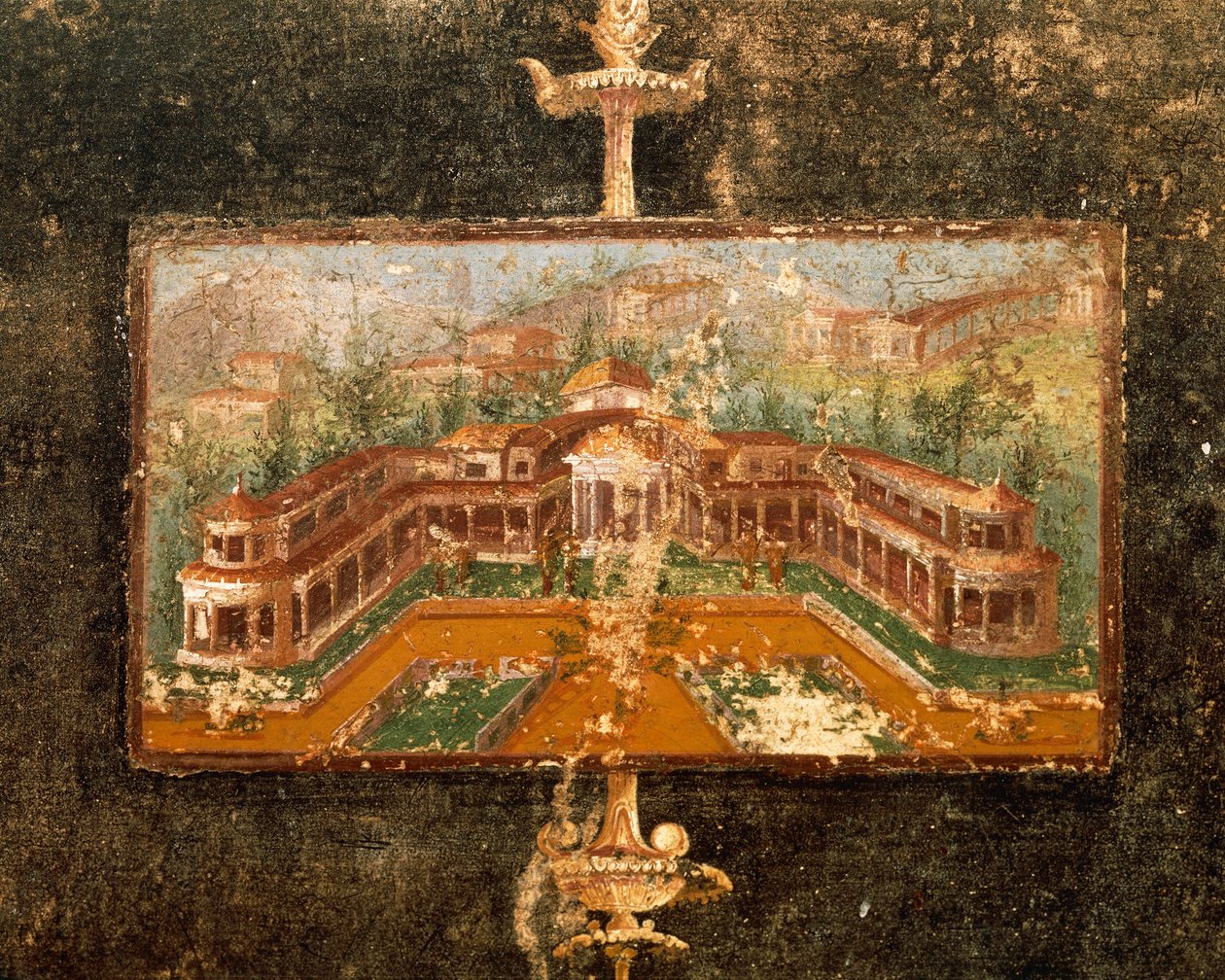 Paisaje y arquitectura en pintura mural en tablinum, 3er Estilo Pompeyano, Casa de Marco Lucrezio Fronto, de Pompeya, Campania, Italia. de Roman Roman