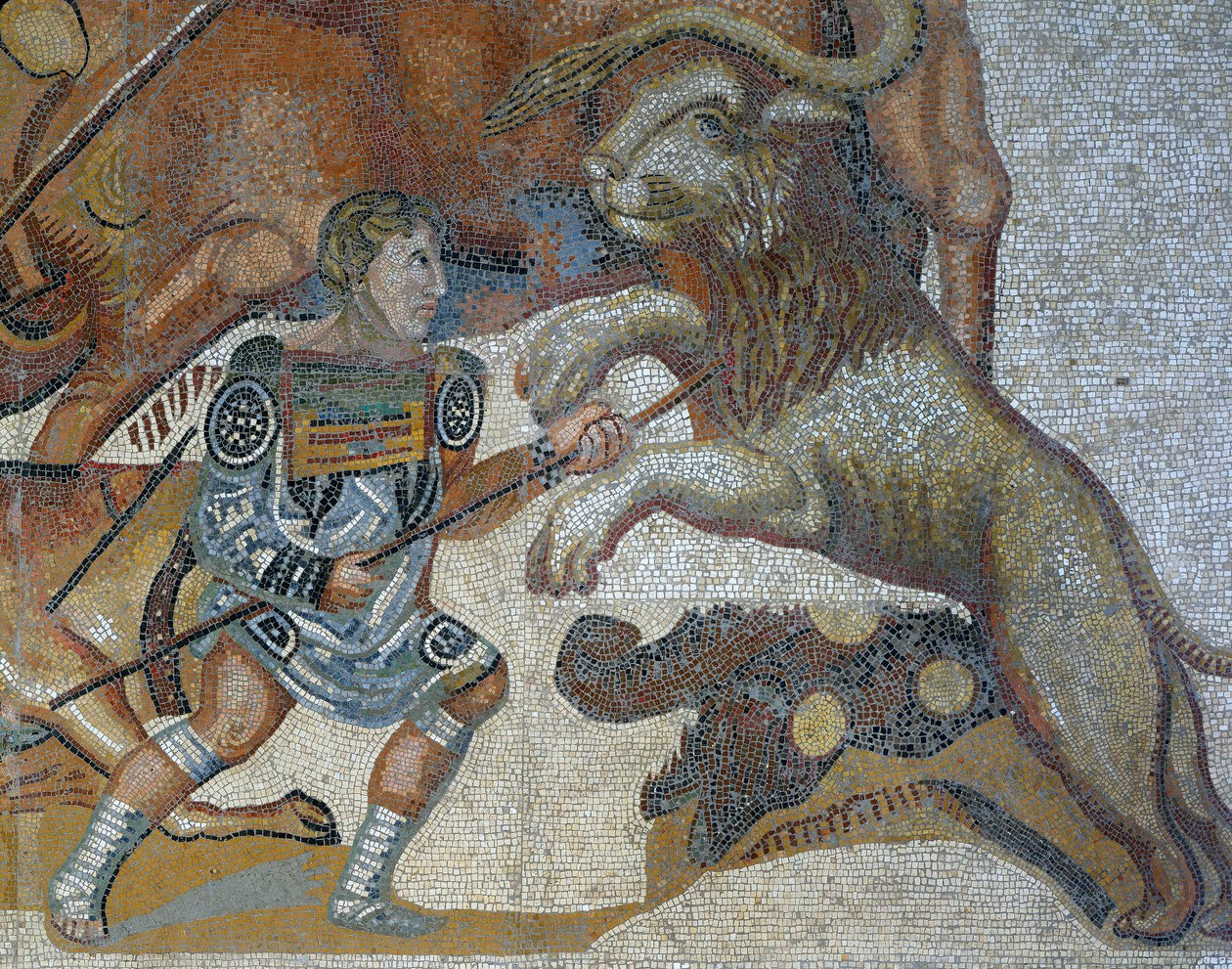 Mosaico que muestra una escena de caza de bestias salvajes, (detalle) de Roman Roman