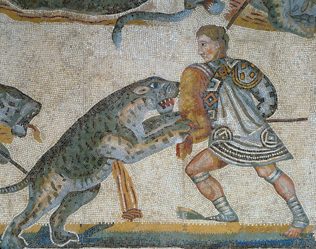 Mosaico que muestra una escena de caza de bestias salvajes (detalle) de Roman Roman