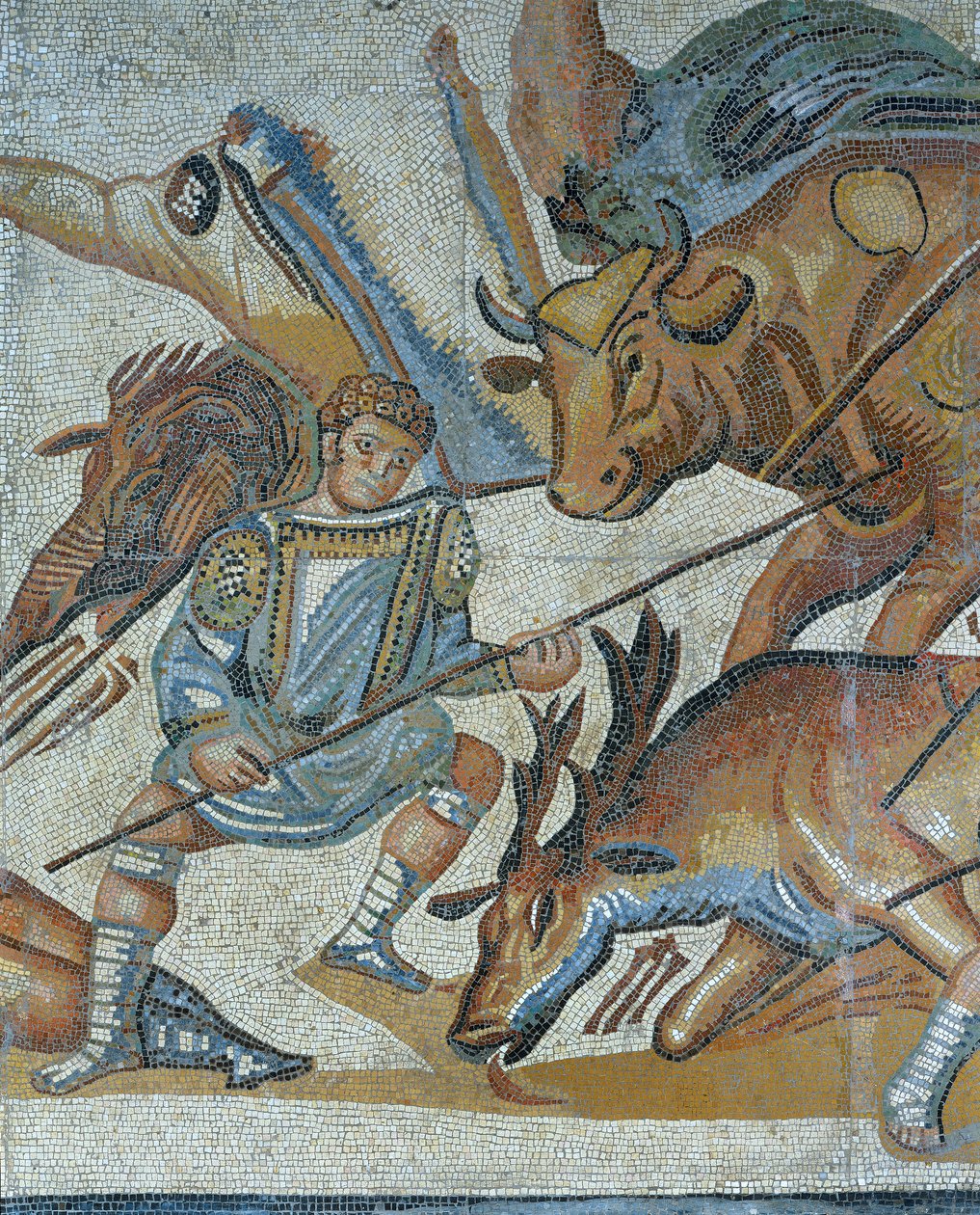 Mosaico que muestra una escena de caza de bestias salvajes, (detalle) de Roman Roman