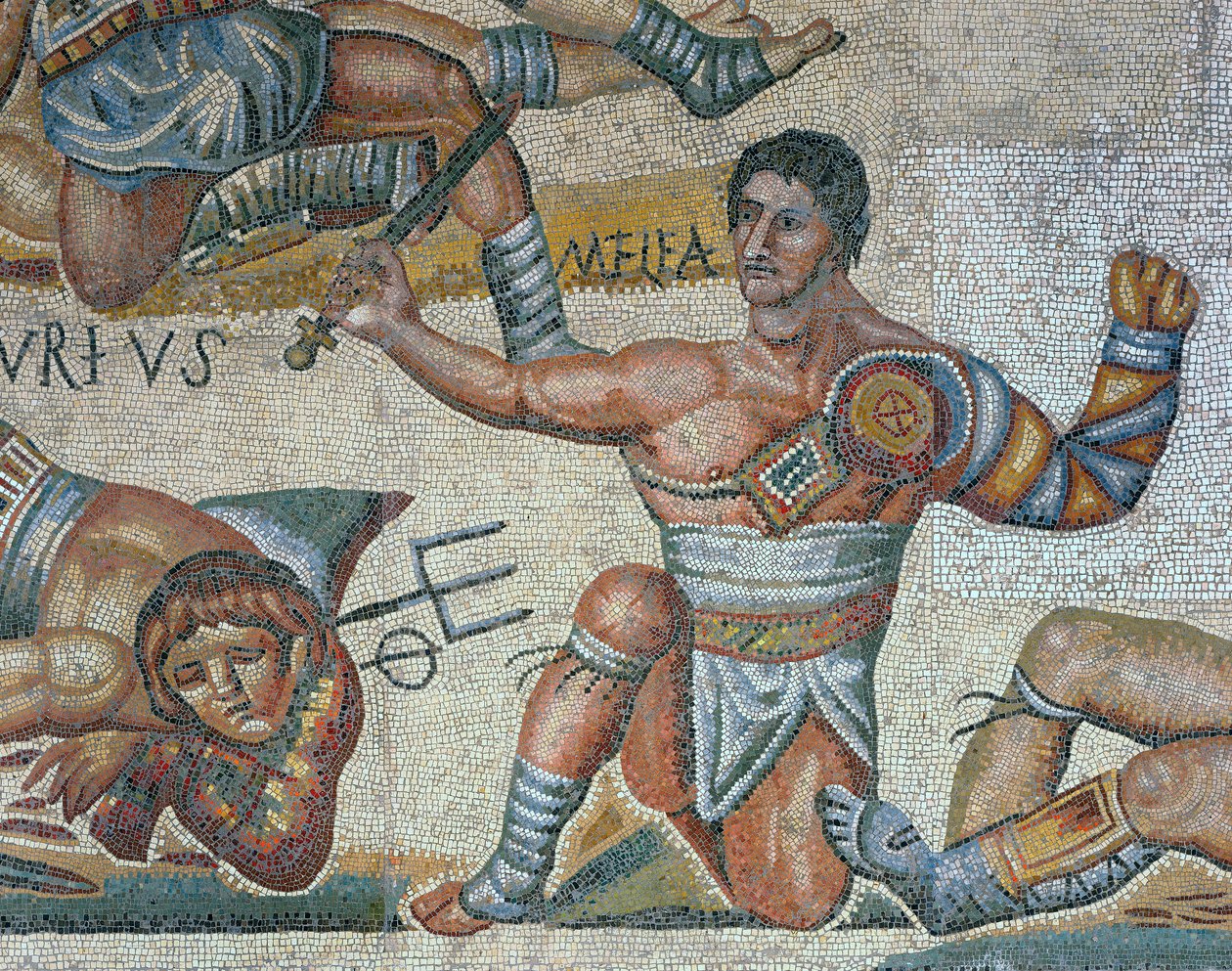 Mosaico que muestra una escena de gladiadores luchando (detalle) de Roman Roman