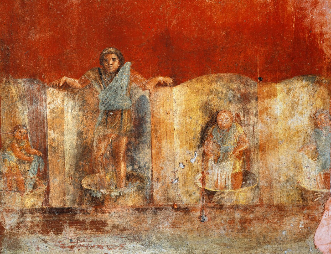 Fresco de pilar que representa la fabricación de lana, de Pompeya, Fullonica de Veranio Ipseo de Roman Roman
