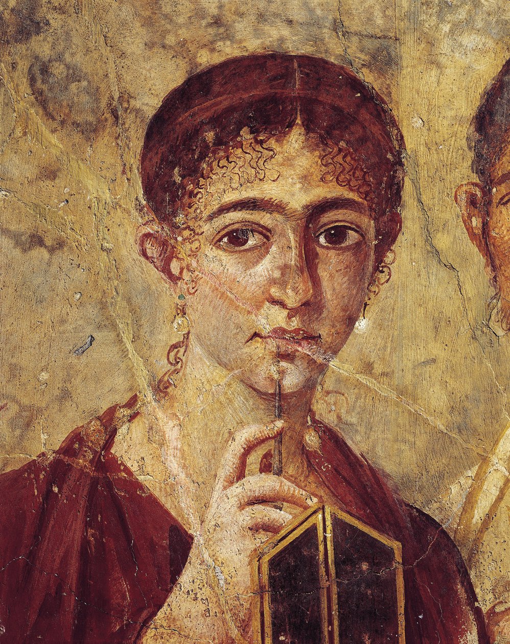 Retrato del panadero Terentius Neo y su esposa en traje formal, detalle de la esposa con su estilete y díptico abierto de Italia, Campania, Pompeya, 55-79 d.C., pintura sobre yeso de Roman Roman