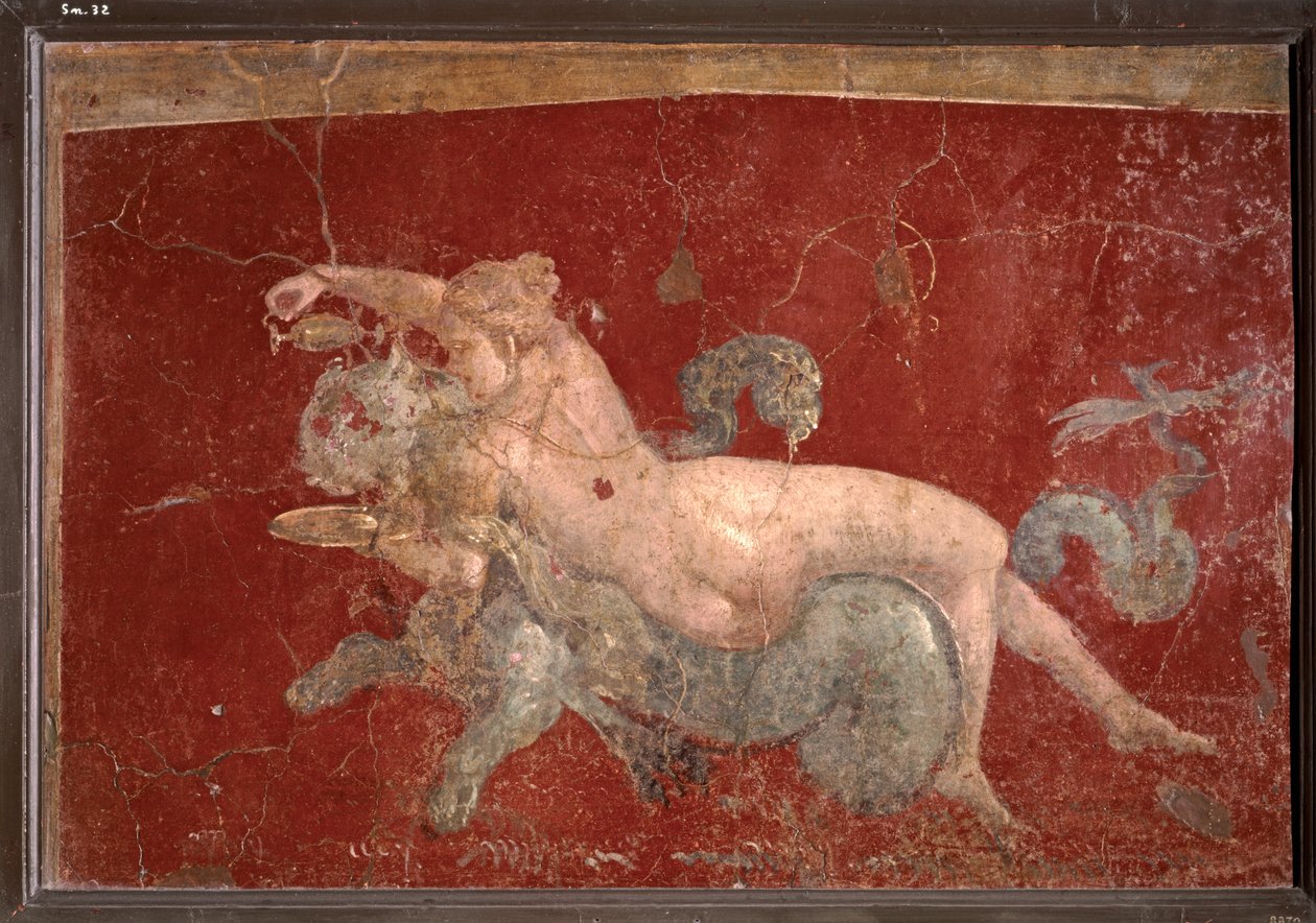 ARTE ROMANO: Nereida sobre una pantera marina a la que da de beber en una copa baja (fresco) de Roman Roman