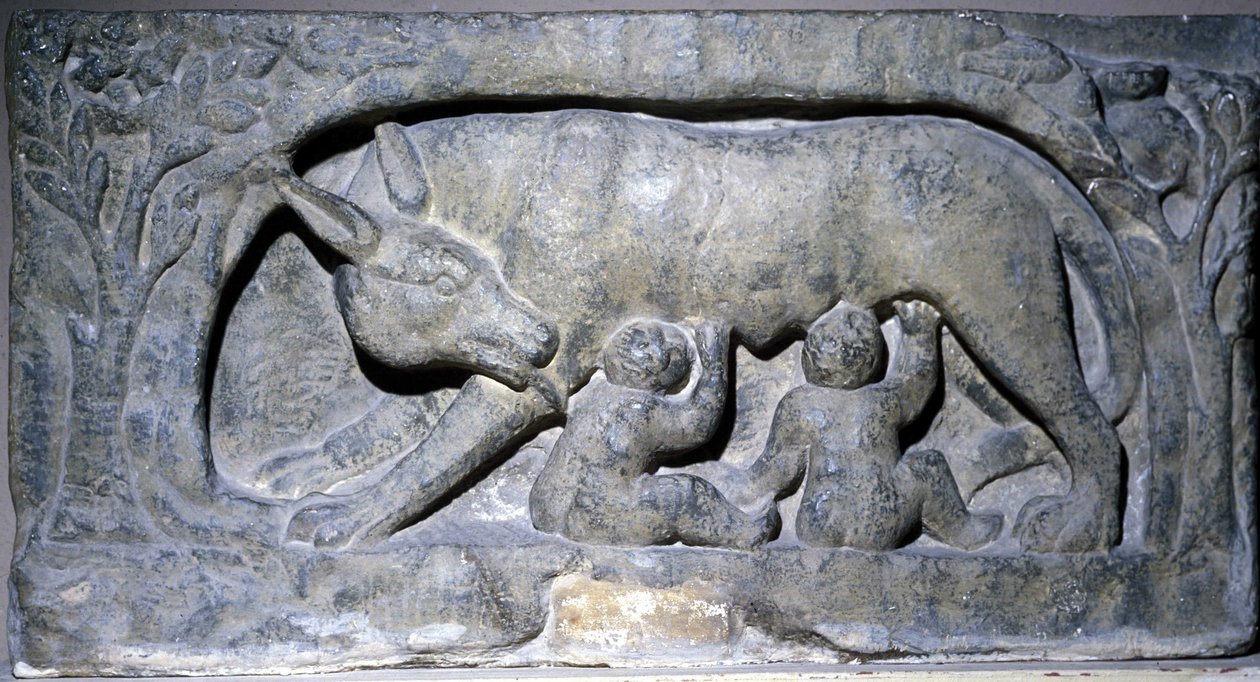 Relieve en piedra caliza de Lupercal (nombre de una cueva en Roma): lobo con Rómulo y Remo, Museo de Avenches. de Roman Roman