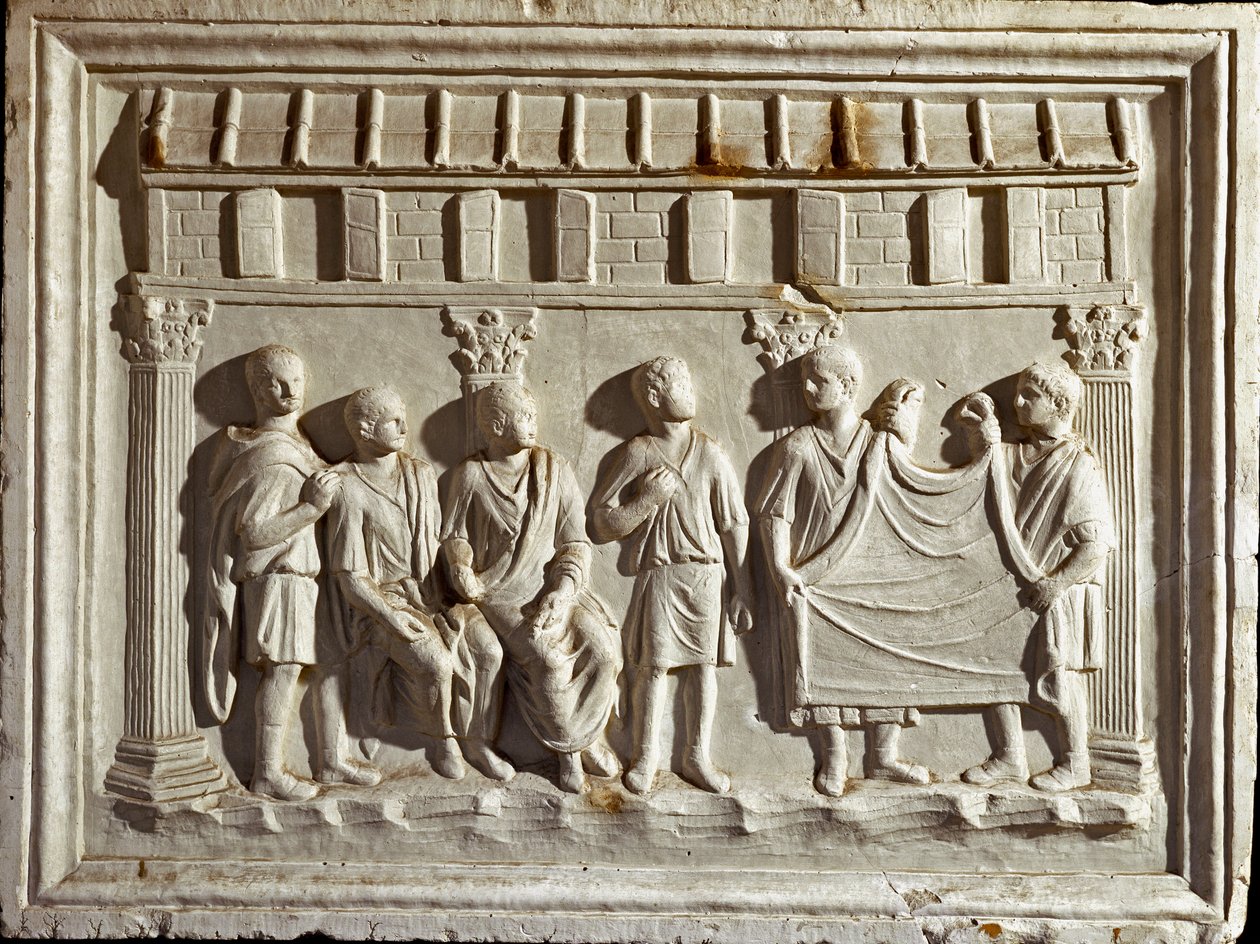 Arte romano: molde de bajorrelieve que representa una tela y tapices. De un original del siglo II d.C. Roma, Museo della Civilta Romana de Roman Roman
