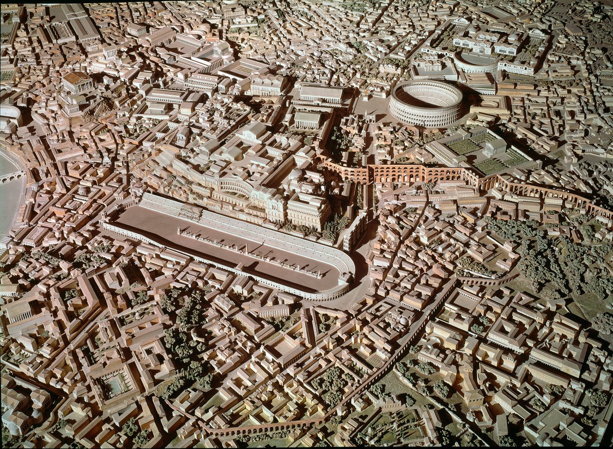 Arte romano: modelo que representa la ciudad de Roma en la antigüedad. En el centro el Circo Máximo o Gran Circo reservado para carreras de carros. Roma, Museo della Civilta Romana de Roman Roman
