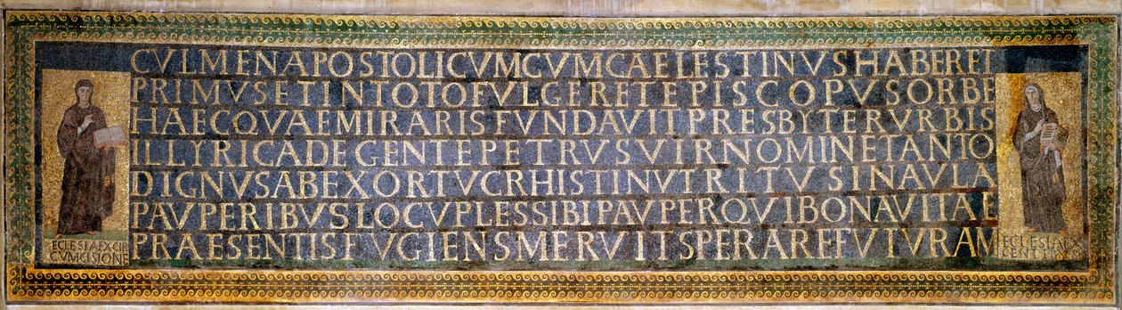Arte romano: mosaico con la dedicación a Santa Sabina, mártir cristiana del siglo II. Lleva los nombres de Pedro de Iliria (Pietro d