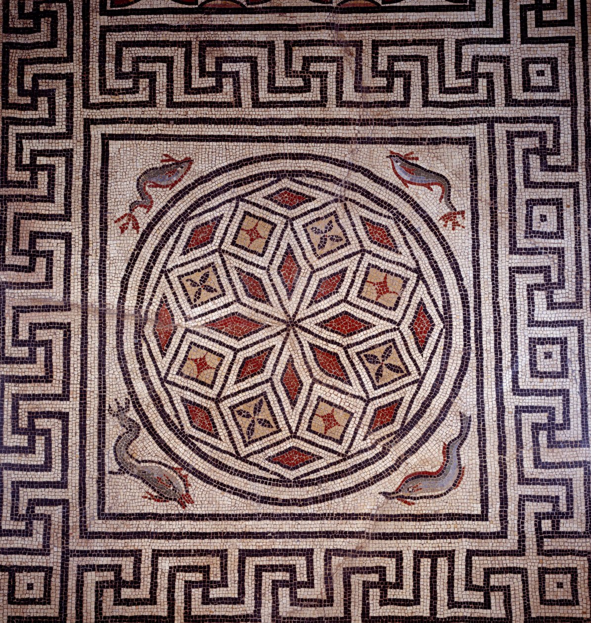 Arte romano: mosaico decorado con delfines. Nimes, museo de arqueología de Roman Roman