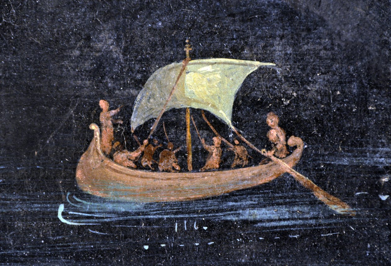 Arte romano: escena fluvial - barca y marineros en un río (río) - fragmento de un fresco de Pompeya conservado en el Museo Arqueológico de Nápoles, Italia - Museo Archeologico Nazionale, Napoli, Italia - Foto Patrice Cartier - de Roman Roman