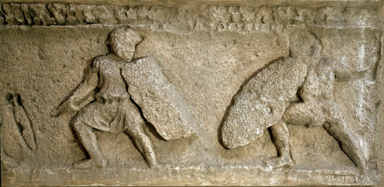 Arte romano: escena de batalla entre romanos y galos. Reproducción de un friso del Arco de Orange. Roma, Museo della Civilta Romana de Roman Roman