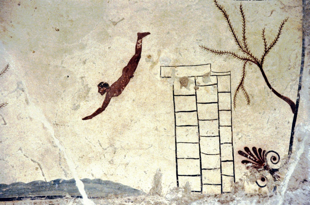 Pintura mural romana de la tumba llamada el buceador (tuffatore) de Roman Roman