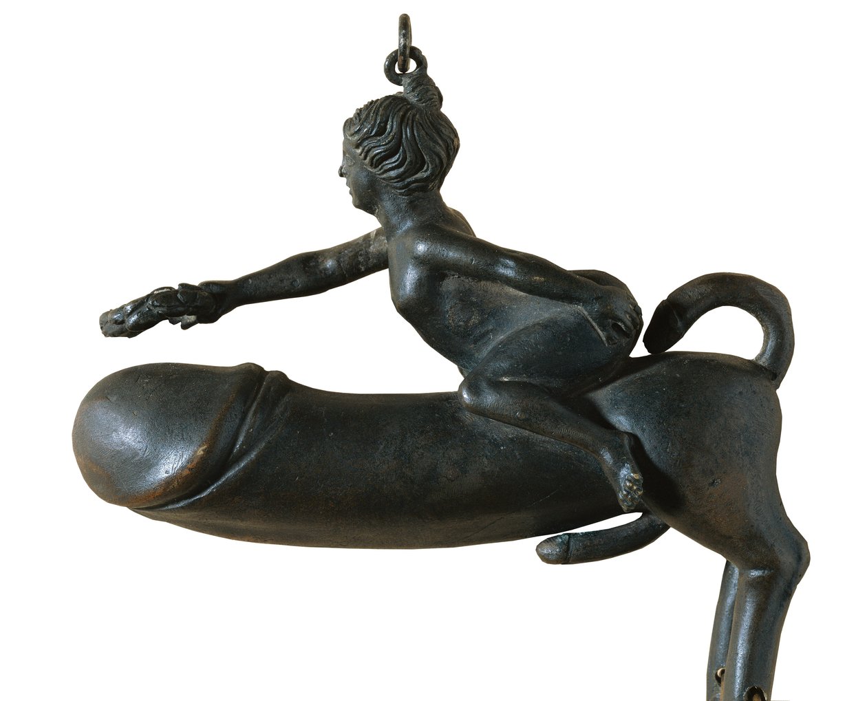 Falo de Sasamón. Siglo I. Animal con pecho, patas y cola en forma de glande, montado por una mujer con corona de laurel. Amuleto contra el mal de ojo. Arte romano. Bajo Imperio. Escultura sobre bronce. ESPAÑA. CATALUÑA. BARCELONA. Barcelona. Museo de Arque de Roman Roman
