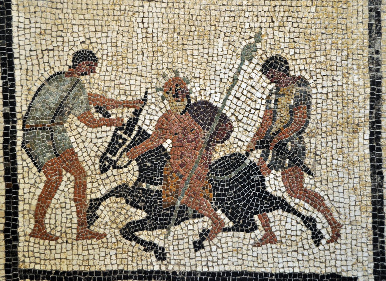 Sileno ebbro: Silene ebria cabalga sobre un asno sostenido por dos sirvientes. Mosaico de Pompeya, casa de Paquius Proculus o C. Cuspius Pansa - Museo Arqueológico de Nápoles, Italia - Museo Archeologico Nazionale, Napoli, Italia - Photo Patrice Cartier - de Roman Roman