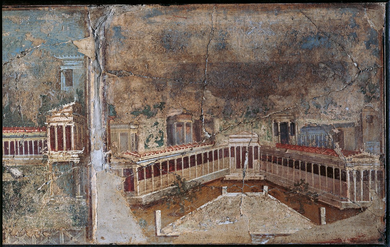 Fresco del tercer estilo que representa un paisaje arquitectónico, detalle del pórtico con columnatas, De Pompeya de Roman Roman