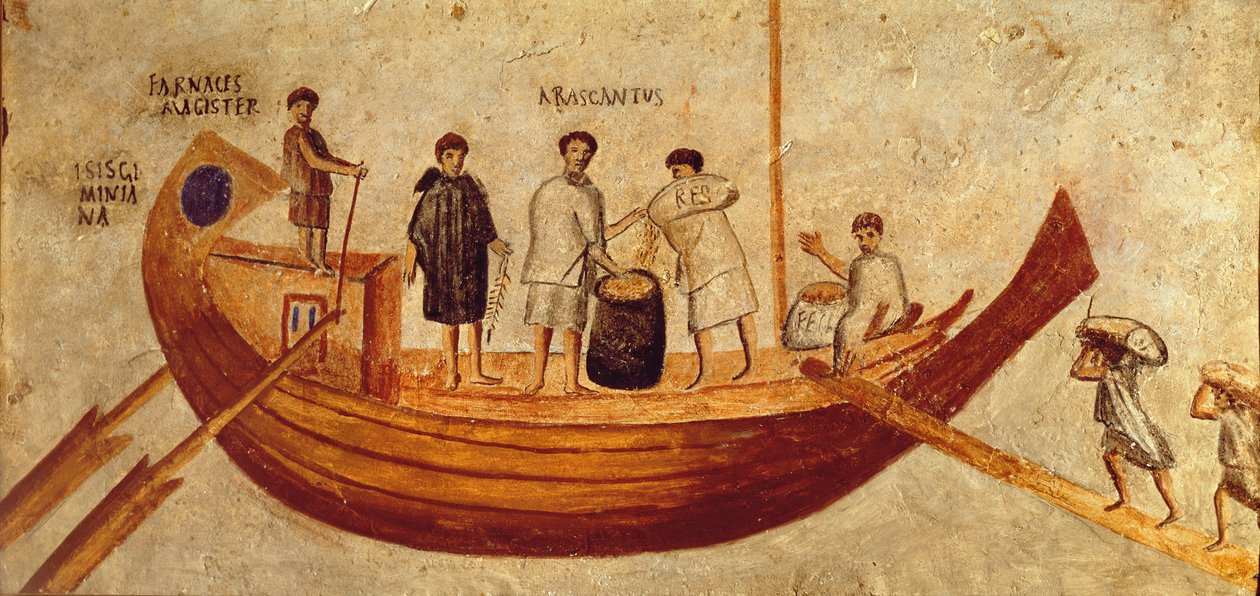 Descarga de grano del barco, Isis Giminiana, de Ostia, siglo II-III (fresco) de Roman Roman