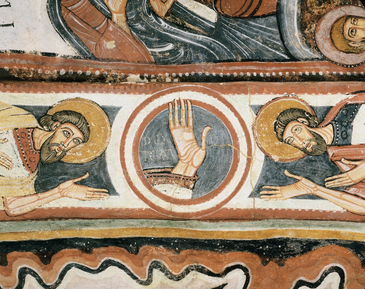 Arte románico: La mano derecha de Dios y los patriarcas Elías y Henoc (o Enoc). (detalle). Fresco de la escuela de León (España). 1132. Santuario de la Virgen del Camino de Romanesque