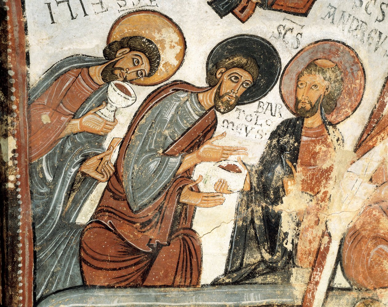 Arte románico: los apóstoles Felipe, Bartolomé y Andrés. Fresco del Voto de la Cena, Iglesia de San Isidoro siglo XII Real Colegiata de San Isidoro, León de Romanesque