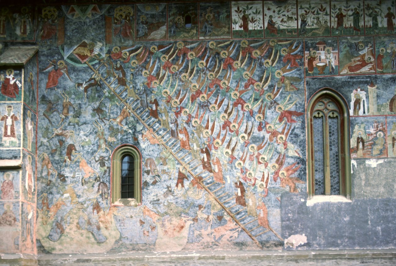 Escalera al Cielo, pintura en el frente norte de la iglesia, c.1601 de Romanian School